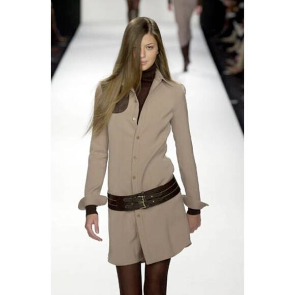 Vintage Ralph Lauren Collection Runway Button Up Midi Shirt Dress Patch Leather - Picture 2 of 16